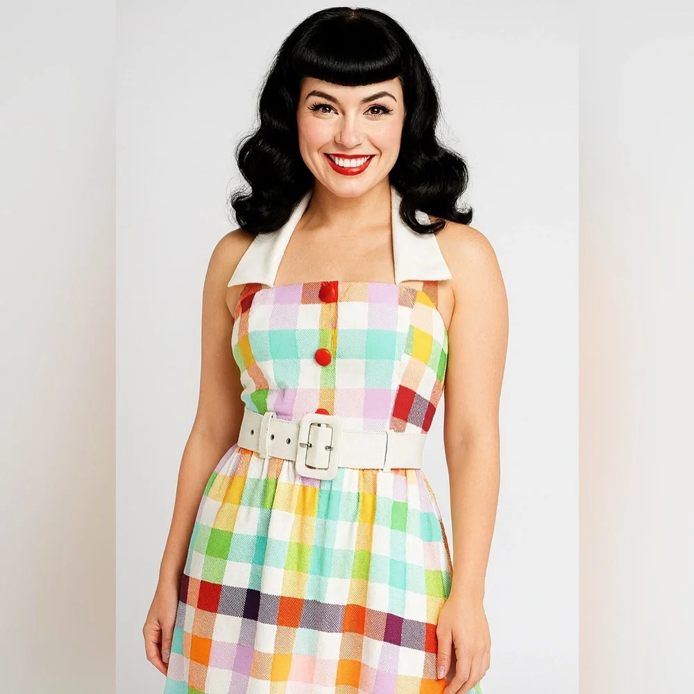 Unique Vintage Collectif Rainbows Over Hollywood Gingham Halter Swing Dress, NWT - Picture 4 of 16